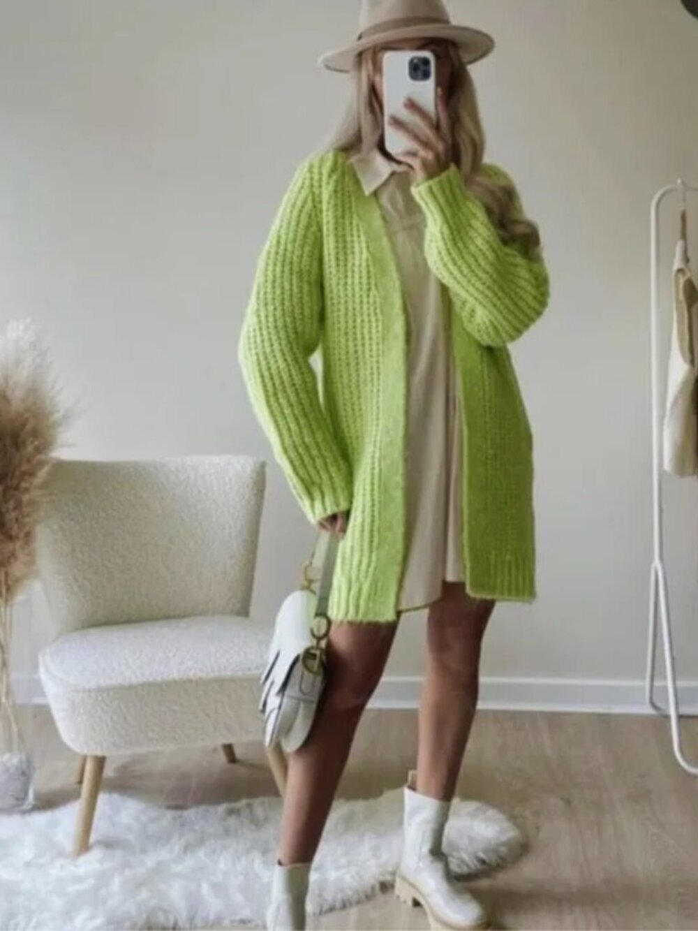Zara Chunky Knit Open Front Longline Cardigan Sweater Neon Green Size Small